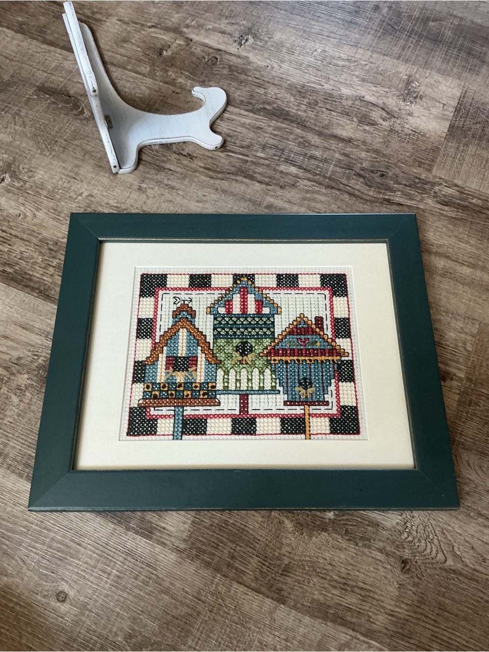 Framed Birdhouse Cross-Stitch Wall Art in Teal Frame
